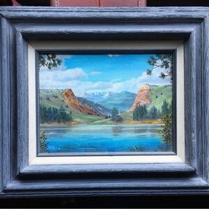 Vintage Mountain Lake Painting in Blue Wooden Frame